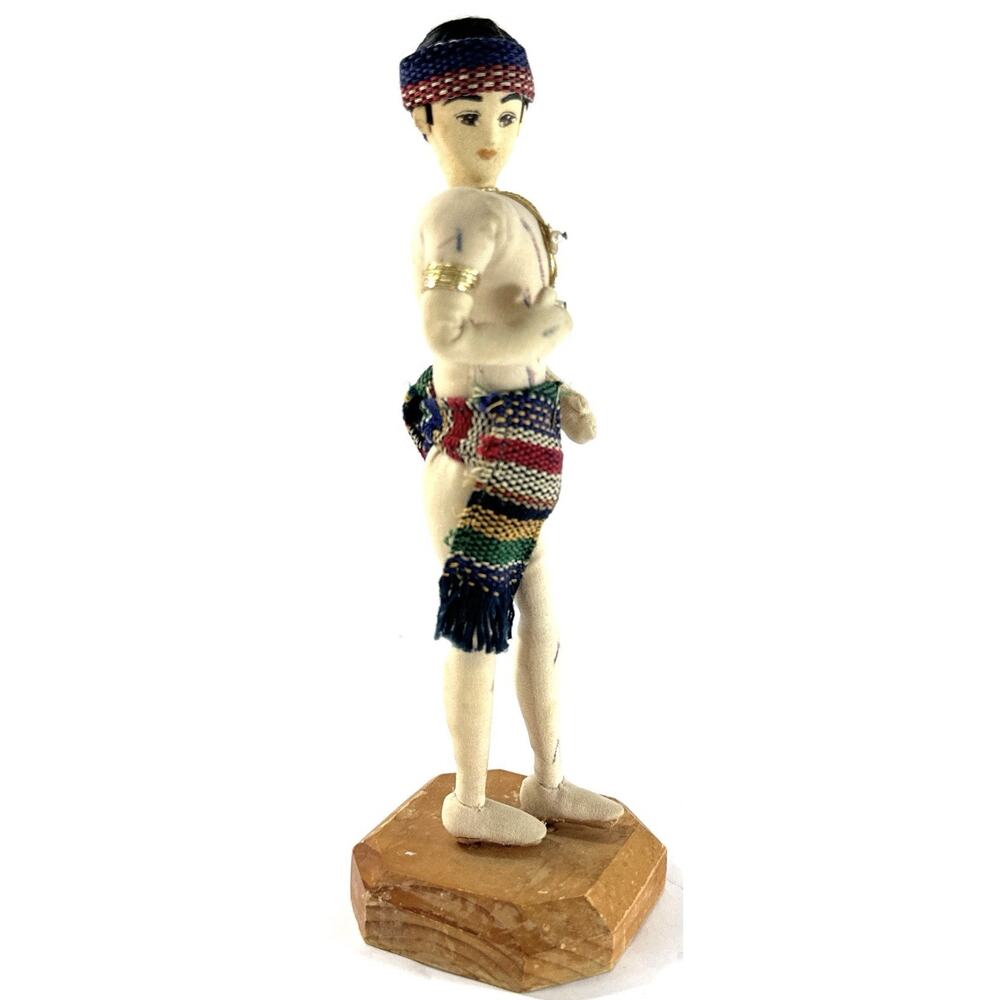 Vintage Handmade Tribal Folk Art Doll 7” Felt Figure Woven Skirt Wood Base - Picture 4 of 7